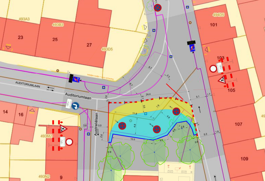 De werfzone tijdens fase 3 (aangeduid in blauw en geel). Verkeer komende vanuit de Auditoriumlaan richting Vorstenhuislaan moet afslaan en rondom het plein rijden.